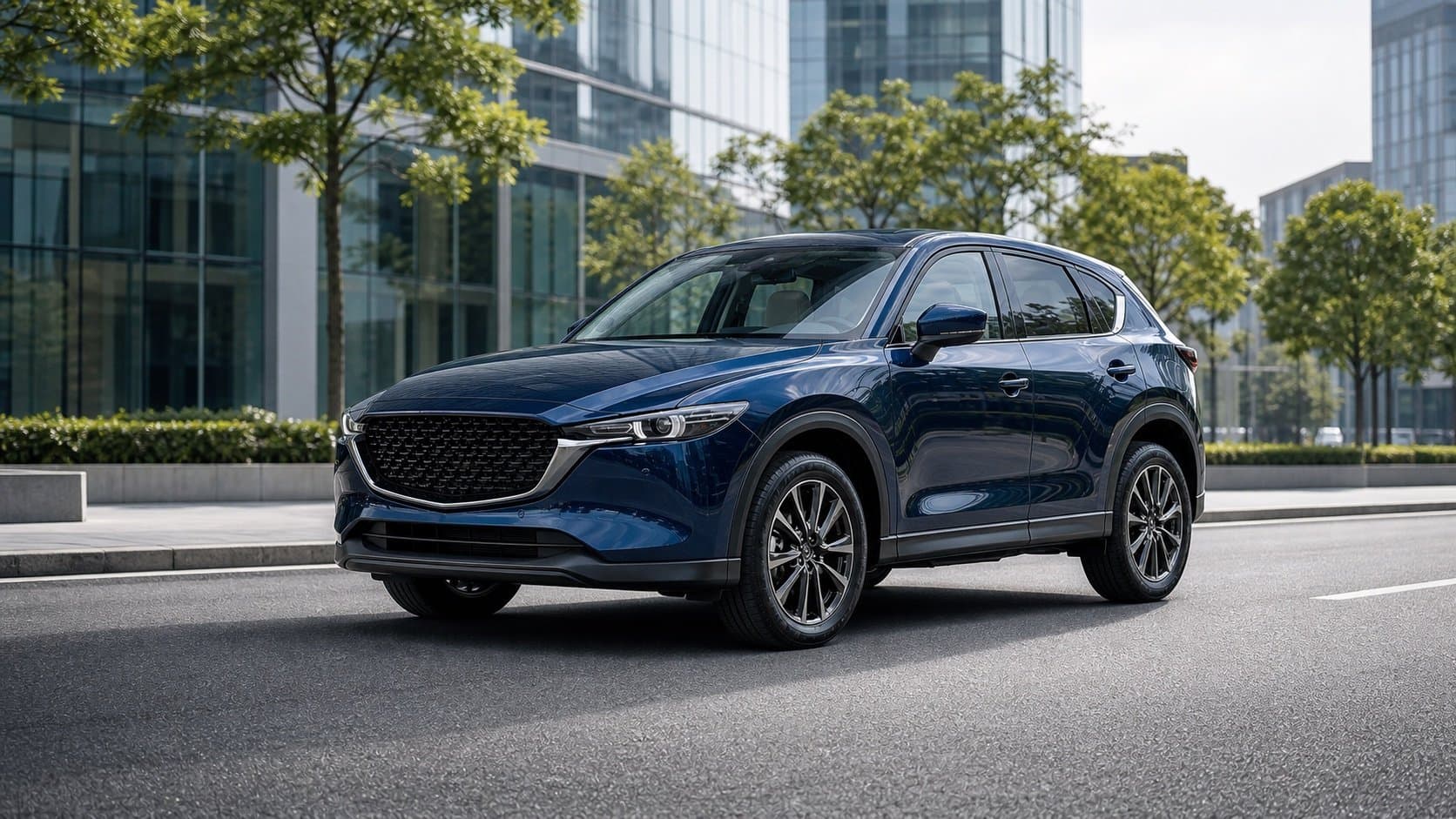 Новая Mazda CX-5 SMART синего цвета Crystal Blue на городской улице