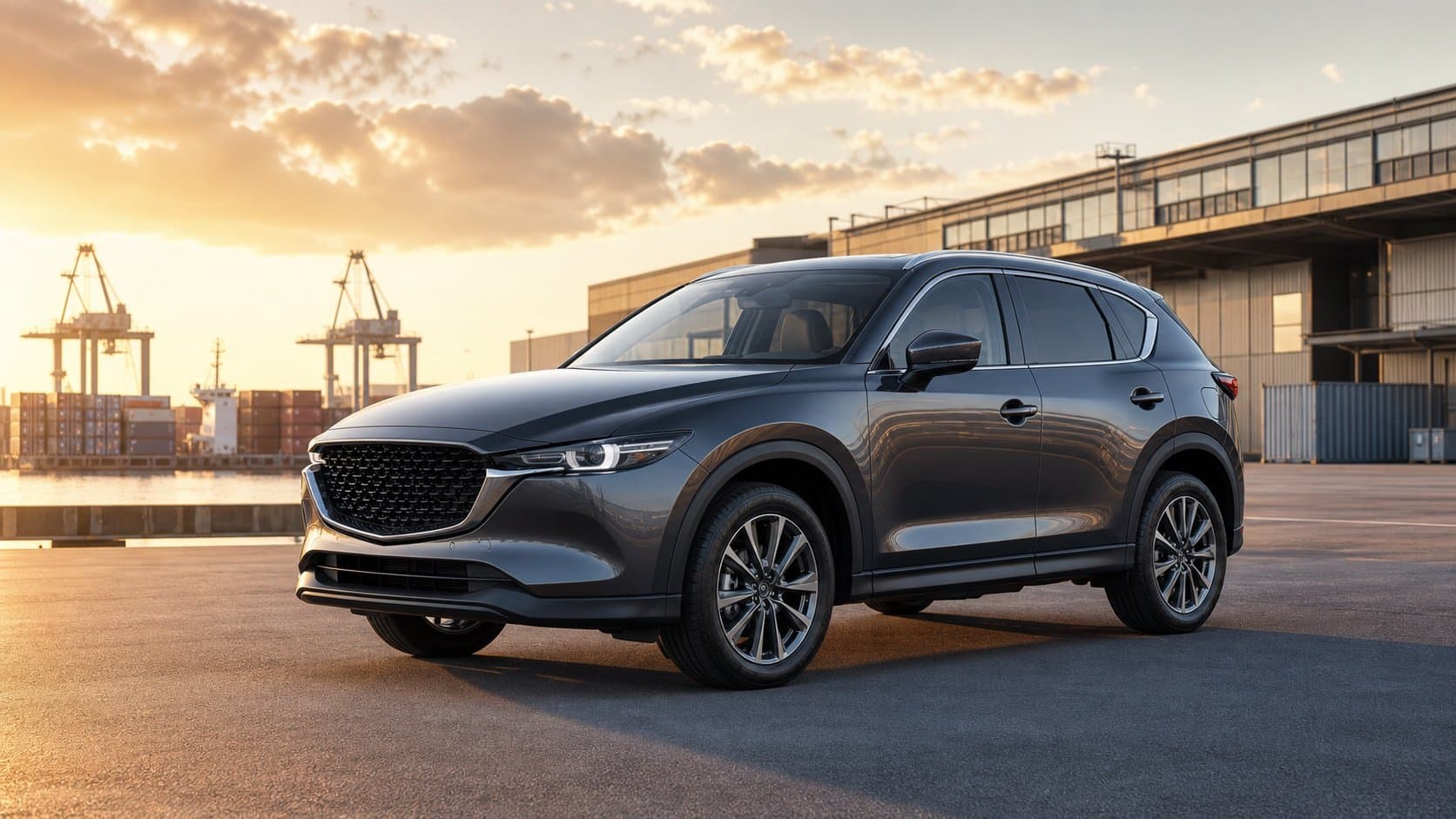 Новая Mazda CX-5 SMART PRO цвета Graphite Gray у логистического терминала